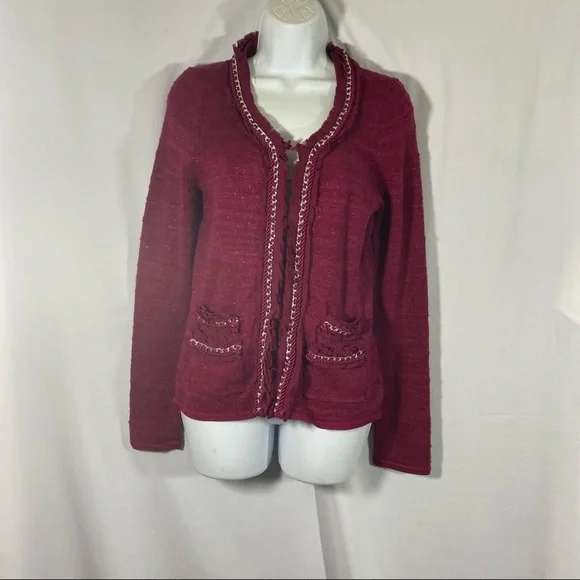 White House Black Market Cardigan Sweater Ruffle Chain Trim Hook And Eye Closure - Picture 7 of 8